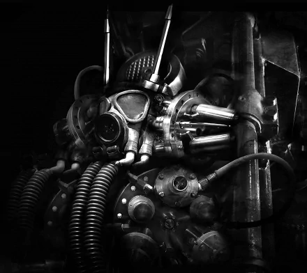 A dark, high-definition wallpaper featuring an intricate gas mask with an industrial, steampunk design, pipes, and mechanical components.