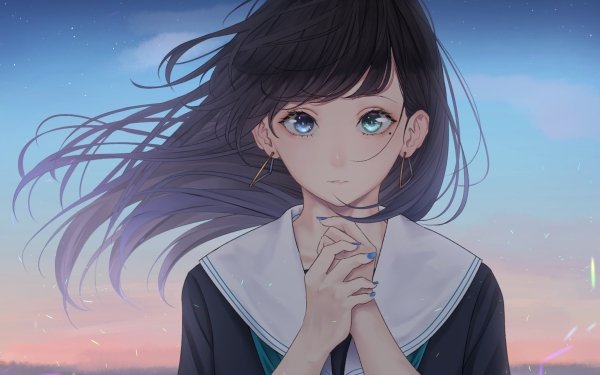 Anime Girl Black Hair Uniform Blue Eyes HD Wallpaper | Background Image