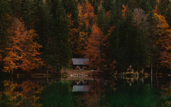 A serene 4K Ultra HD image of a cabin reflecting on a lake, surrounded by a vibrant fall forest in Italy, captured in stunning nature photography.