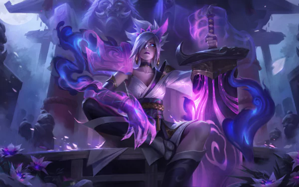 Riven from League of Legends showcased in a dynamic pose with glowing purple energy, featured in a 4K Ultra HD video game desktop wallpaper.