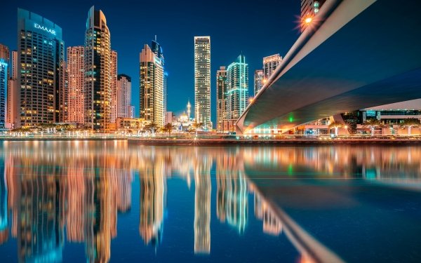 Man Made Dubai Cities United Arab Emirates Water Night City Reflection Building Skyscraper HD Wallpaper | Background Image