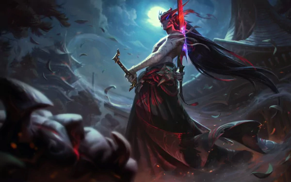 HD desktop wallpaper of Yone, a samurai warrior from League of Legends, standing under a moonlit sky with sword drawn, surrounded by swirling shadows and flying feathers.