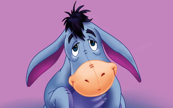 Eeyore from Winnie the Pooh TV show depicted in a 4K Ultra HD PC desktop wallpaper with soft purple background and his characteristic sad expression.