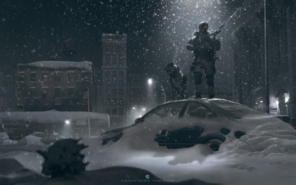 Artistic Winter Soldier Military Dog Snow Night Snowfall HD Wallpaper | Background Image