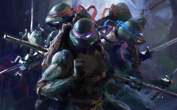 4K Ultra HD comic-style desktop wallpaper of Teenage Mutant Ninja Turtles — Leonardo, Donatello, Michelangelo, Raphael — battle-ready in dark, painterly lighting.