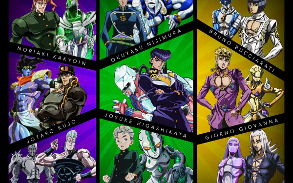 HD PC desktop wallpaper featuring key characters from the anime JoJo's Bizarre Adventure, each framed in vibrant color blocks with their names displayed.