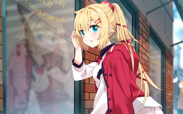 Anime-style HD desktop wallpaper of Akai Haato from hololive, featuring her long blonde hair, aqua eyes, and a reflective glass window in the background.