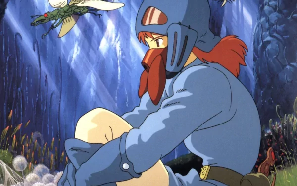 HD PC desktop wallpaper from the anime Nausicaa of the Valley of the Wind, featuring Nausicaa in her blue outfit amid a forest setting with glowing spores.