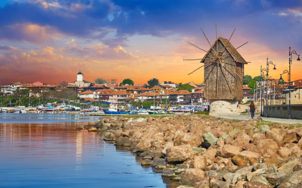 Bulgaria Nessebar shore lake man made windmill HD Desktop Wallpaper | Background Image