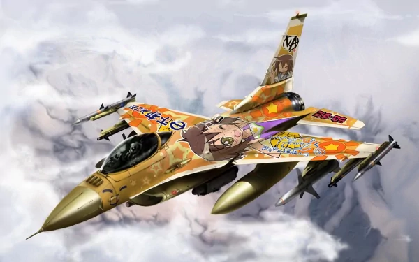 HD anime-style desktop wallpaper featuring a military jet decorated with vibrant Lucky Star characters and designs, flying through cloudy skies.