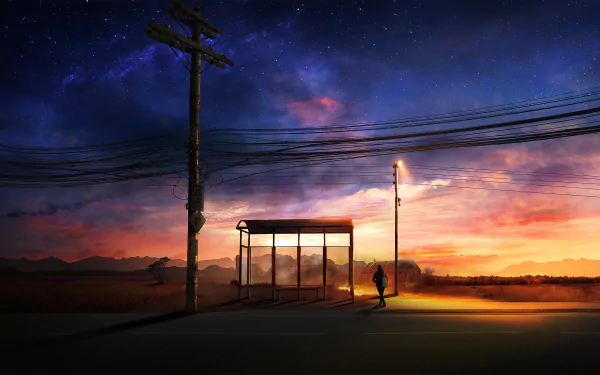 HD anime wallpaper of a serene sunset scene with a bus stop. A solitary figure stands illuminated by a streetlamp, capturing the tranquil beauty of dusk against a vast sky.