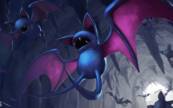 HD PC desktop wallpaper featuring Zubat from the Pokémon anime, showing multiple Zubat flying inside a dark cave with vibrant purple wings.