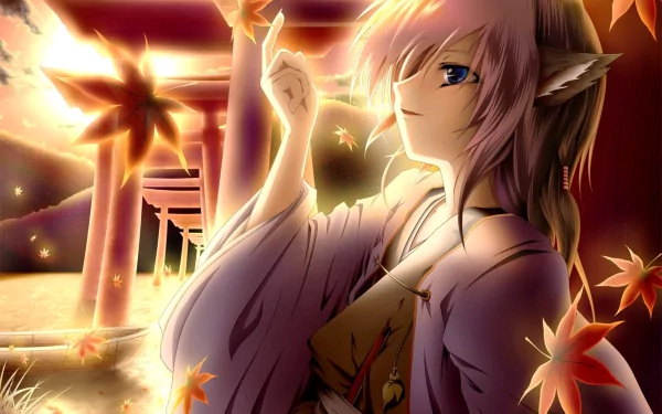 HD anime desktop wallpaper featuring Mystia Lorelei from Touhou, surrounded by glowing autumn leaves and traditional Japanese torii gates in a warm, mystical setting.