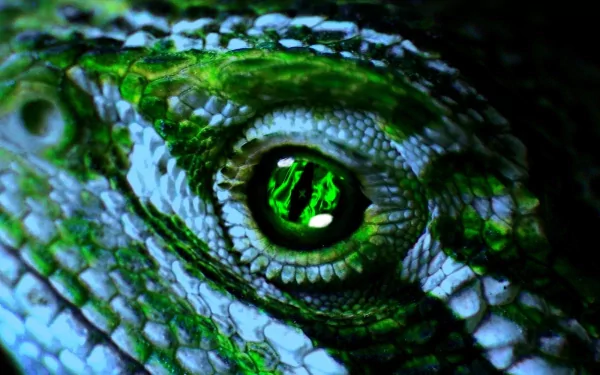 Close-up HD desktop wallpaper of a lizard's textured green scales and detailed eye, showcasing intricate patterns and vivid colors in sharp focus.