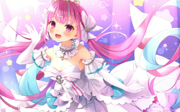 Anime-style HD desktop wallpaper featuring Minato Aqua from Hololive with long pink hair, pink eyes, and a detailed white and blue outfit against a sparkling pastel background.
