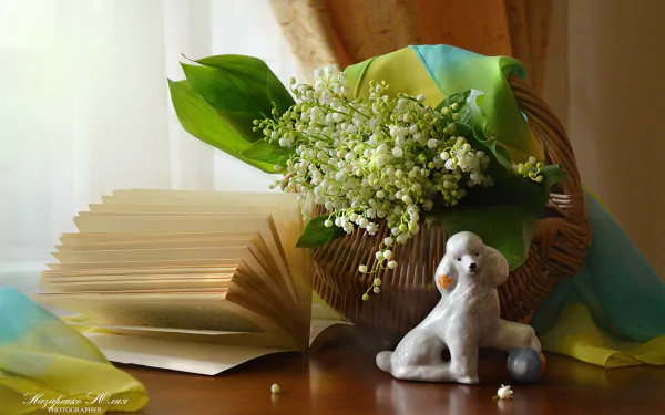 poodle lily of the valley figurine book bouquet dog basket photography still life HD Desktop Wallpaper | Background Image
