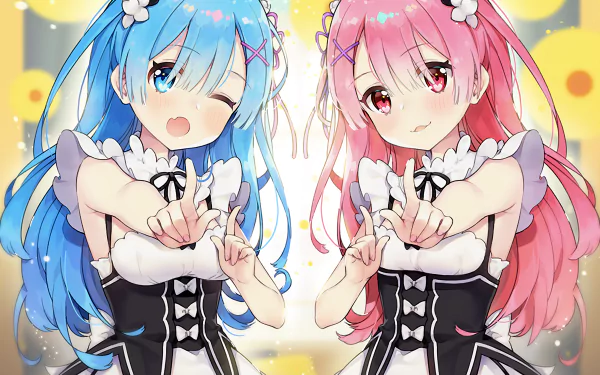 4K Ultra HD anime wallpaper featuring Ram and Rem from Re:Zero - Starting Life in Another World, depicted in their iconic maid outfits with a bright, colorful background.