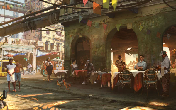 2K Quad HD PC desktop wallpaper of the movie Alita: Battle Angel — a sunlit, bustling market street with outdoor cafés, vendors, colorful flags and weathered archways.