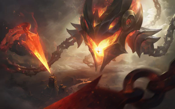 HD PC desktop wallpaper featuring Vel'koz from League of Legends in a fiery, intense battle scene from the video game.