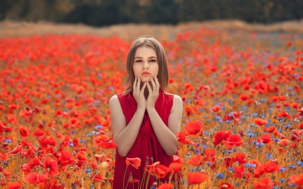 Women Model Depth Of Field Poppy Red Flower Red Dress Brunette Summer HD Wallpaper | Background Image