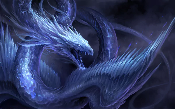 A majestic blue dragon with glowing scales twists through a dark, smoky fantasy landscape in this detailed 4K Ultra HD PC desktop wallpaper.