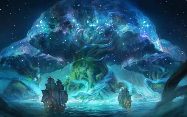 Fantasy-themed HD PC desktop wallpaper featuring giant glowing trees resembling cosmic nebulae, with sailing ships navigating beneath their luminous branches.
