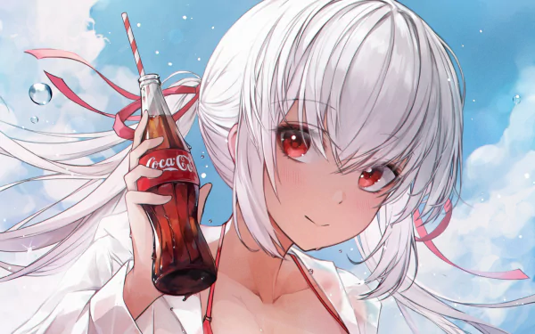 Anime-style character with white hair and red eyes holding a Coca-Cola bottle against a bright blue sky, featured as a vibrant HD PC desktop wallpaper.