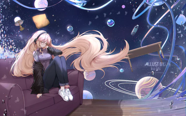 Anime original of a long-haired girl with headphones lounging on a couch amid floating planets, rings and bubbles — HD PC desktop wallpaper and background.