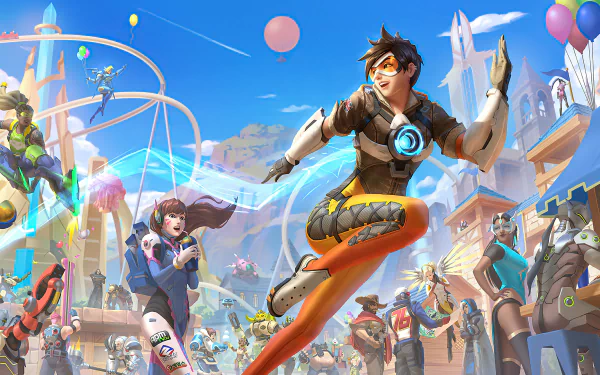 HD PC desktop wallpaper featuring Overwatch heroes Lúcio, Pharah, D.Va, and Tracer in a vibrant, futuristic cityscape from the video game Overwatch.