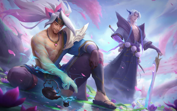 HD PC desktop wallpaper featuring Yone and Yasuo from the video game League of Legends, set against a vibrant, ethereal backdrop with cherry blossoms.