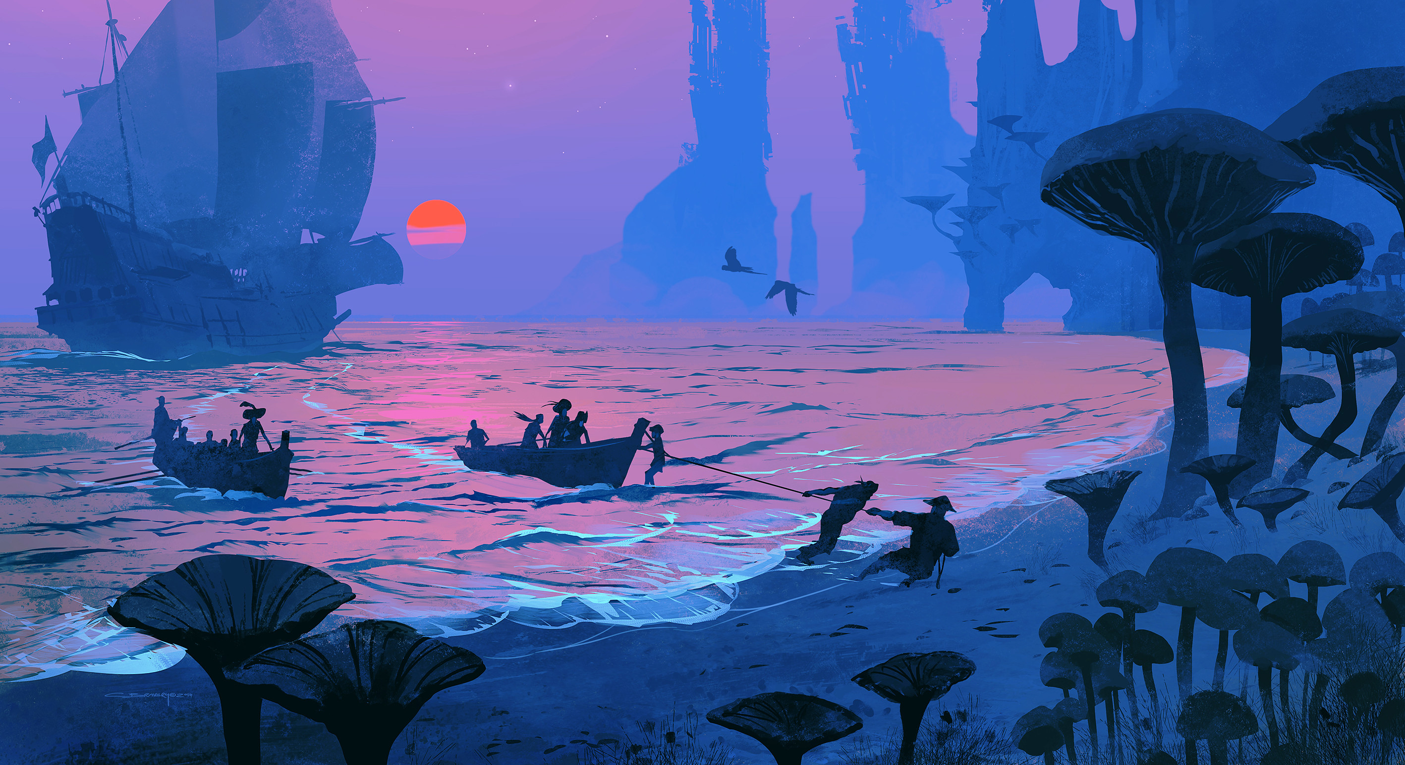 Download Night Sea Island Boat Fantasy Ship HD Wallpaper by Christian ...
