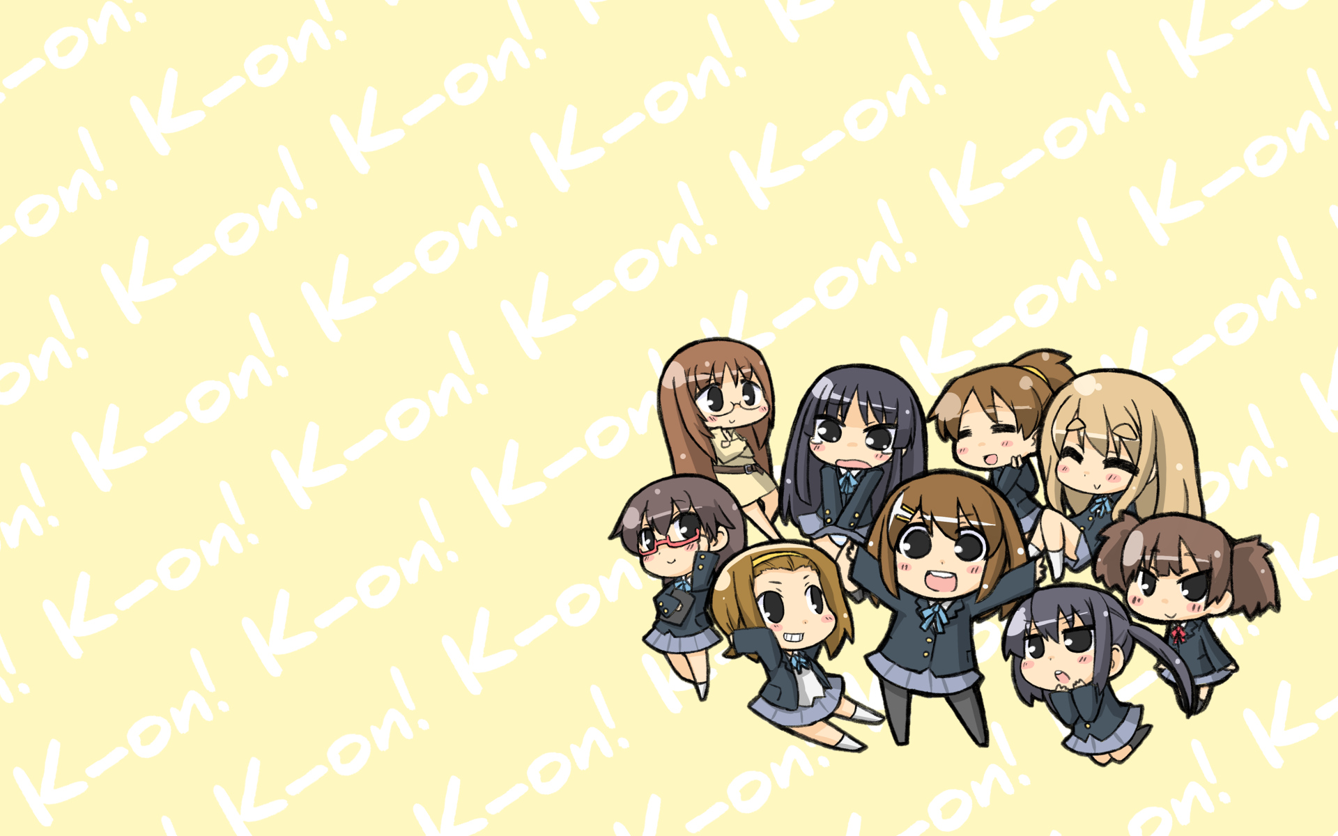 Group of friends from the anime K-On!, including Sawako, Mio, Ui, Tsumugi, Nodoka, Ritsu, Yui, Azusa, and Jun.