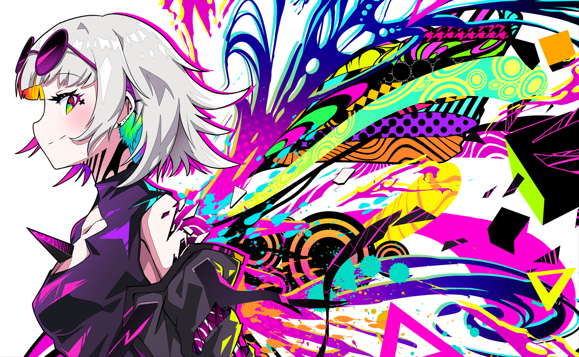 Colorful original anime character with white hair and vibrant abstract patterns in the background, designed as an HD PC desktop wallpaper.
