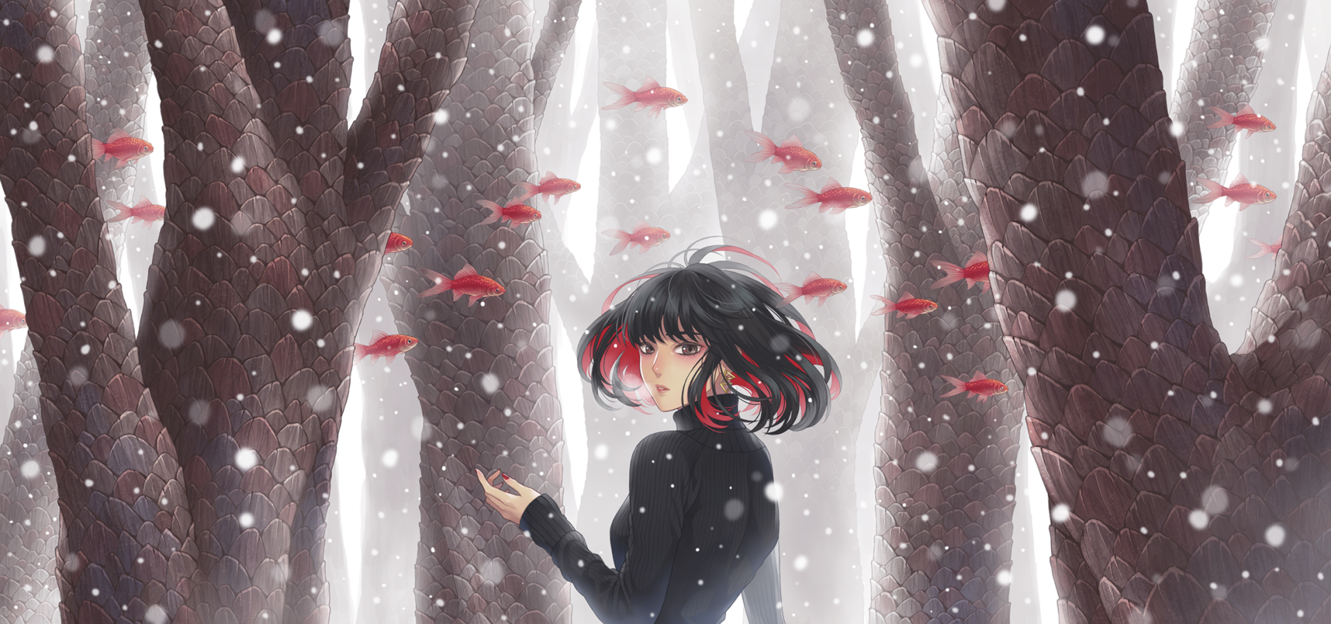 Anime, Original — HD PC desktop wallpaper: a black-coated girl with red-streaked hair stands in a snowy, towering forest as red koi fish drift through soft, glowing light.