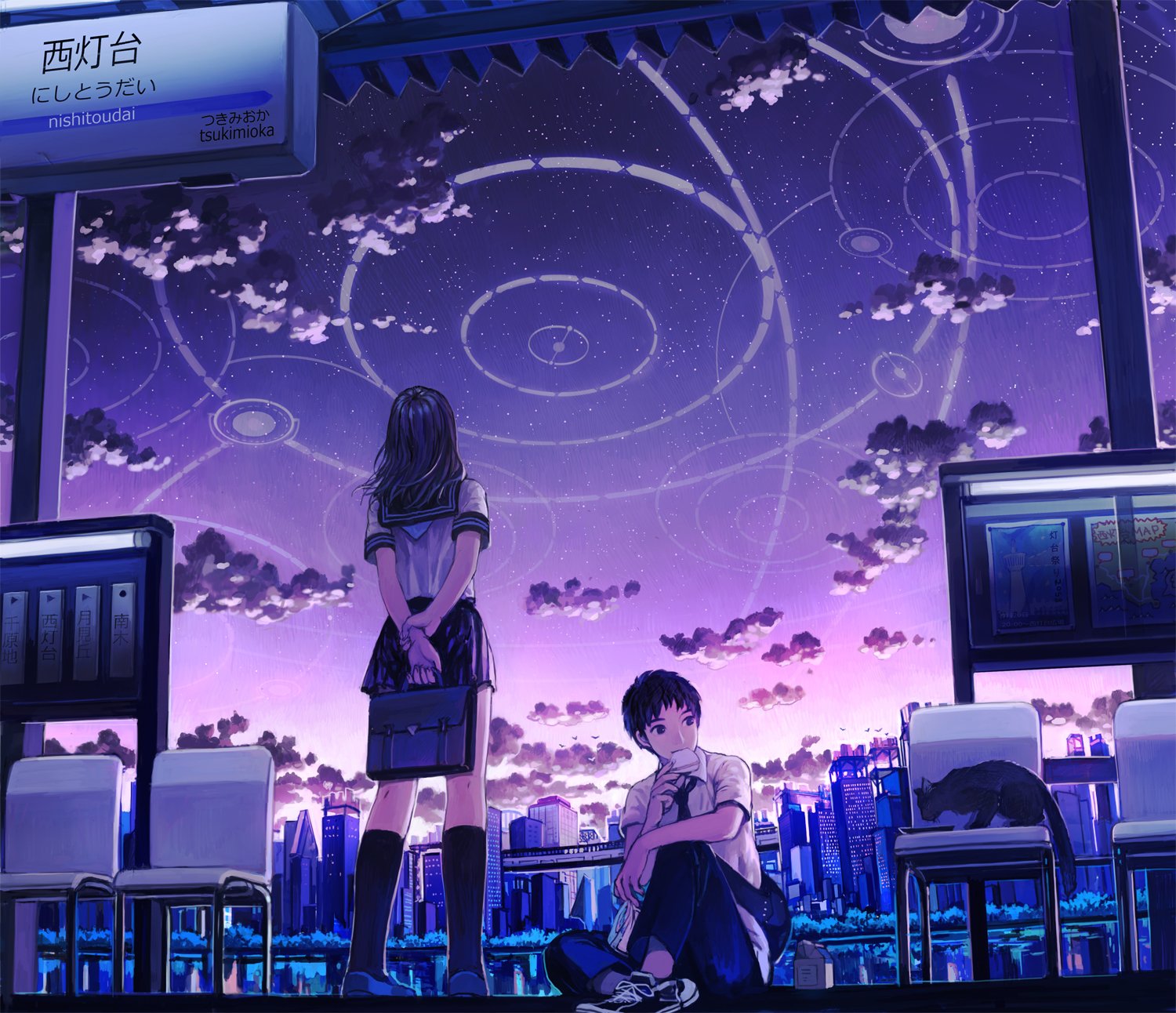 An original anime HD wallpaper depicting two characters gazing at a striking purple sky filled with swirling patterns and clouds, set against a futuristic cityscape.
