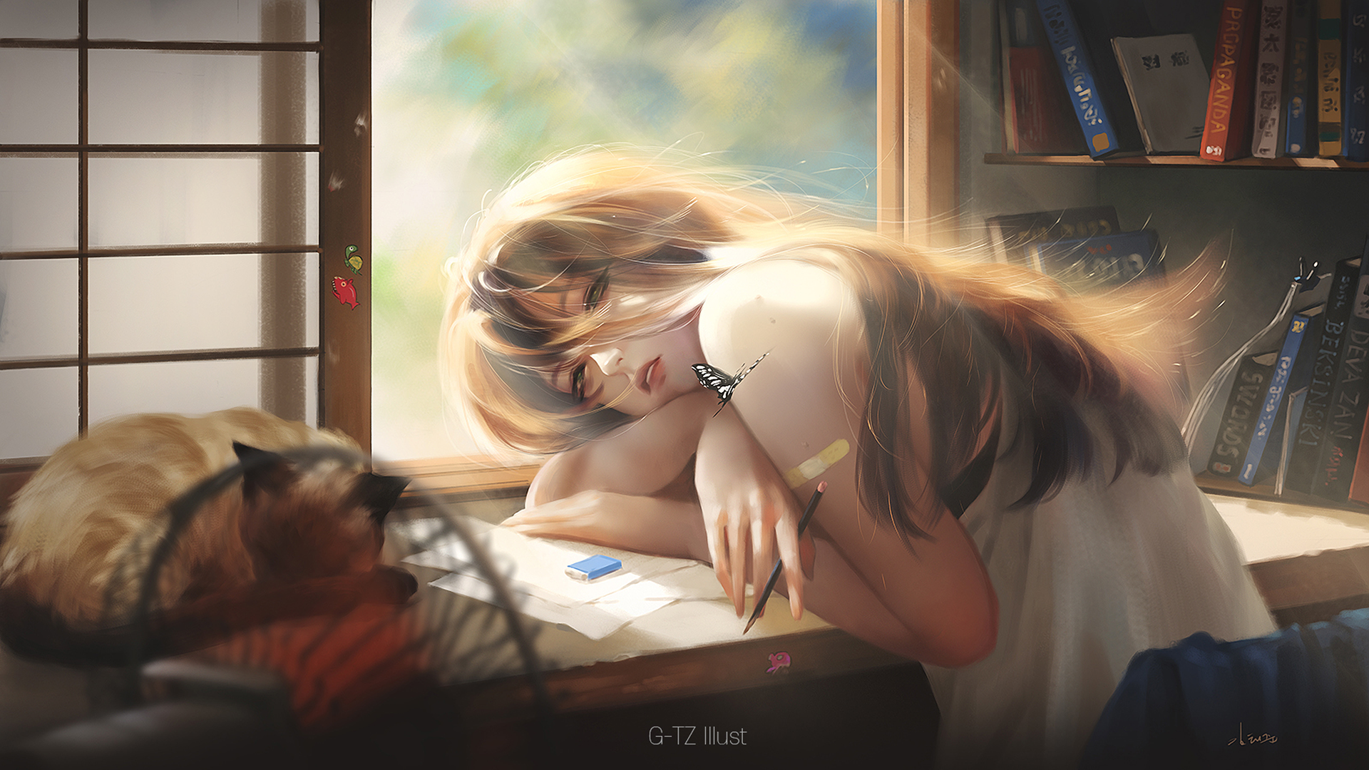 HD anime desktop wallpaper featuring an original character with long flowing hair resting on a desk by a window, bathed in soft, warm light.