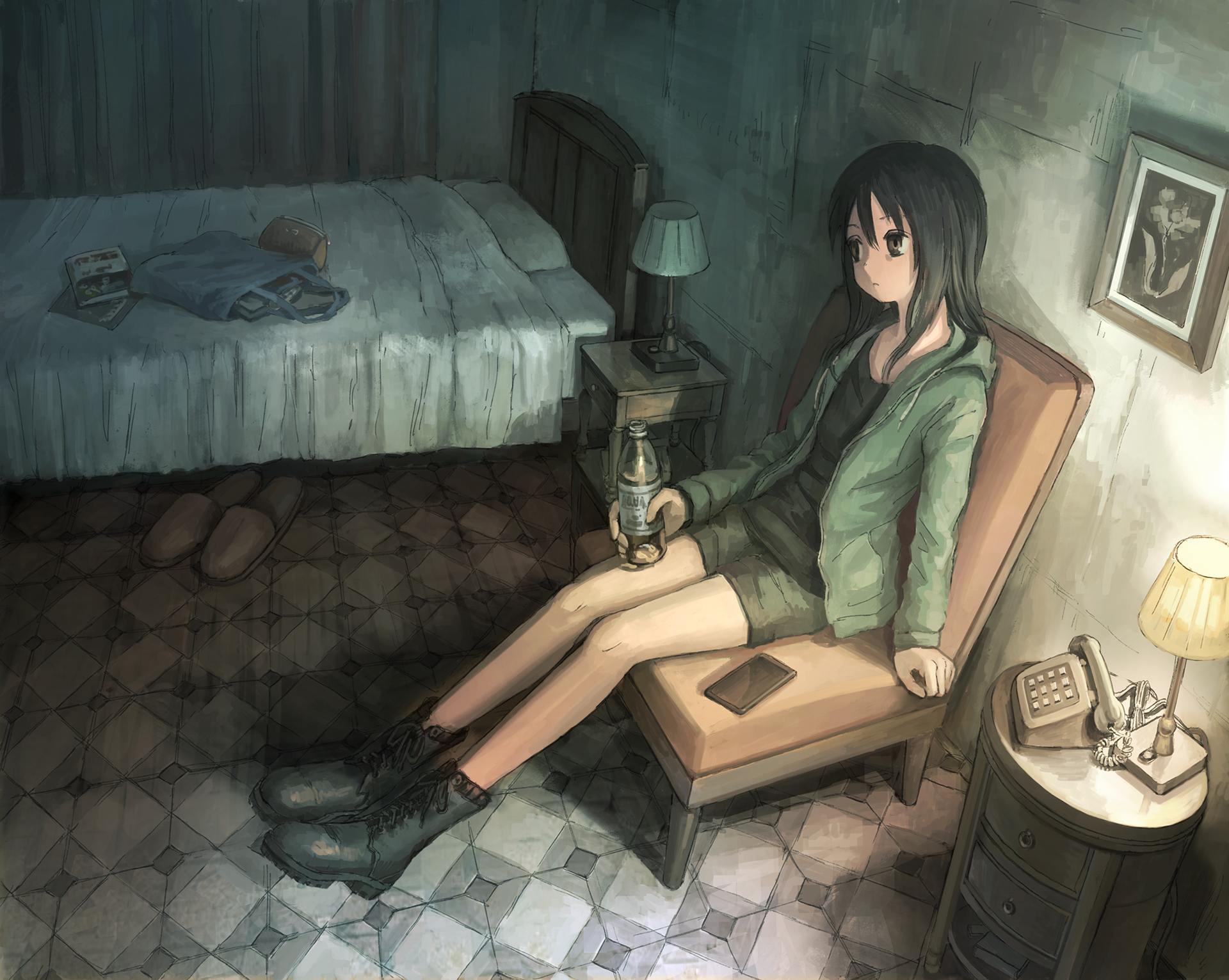 Original anime HD PC desktop wallpaper: girl in shorts and a jacket sits on a chair in a dim bedroom, holding a small lamp beside a bed and nightstand.