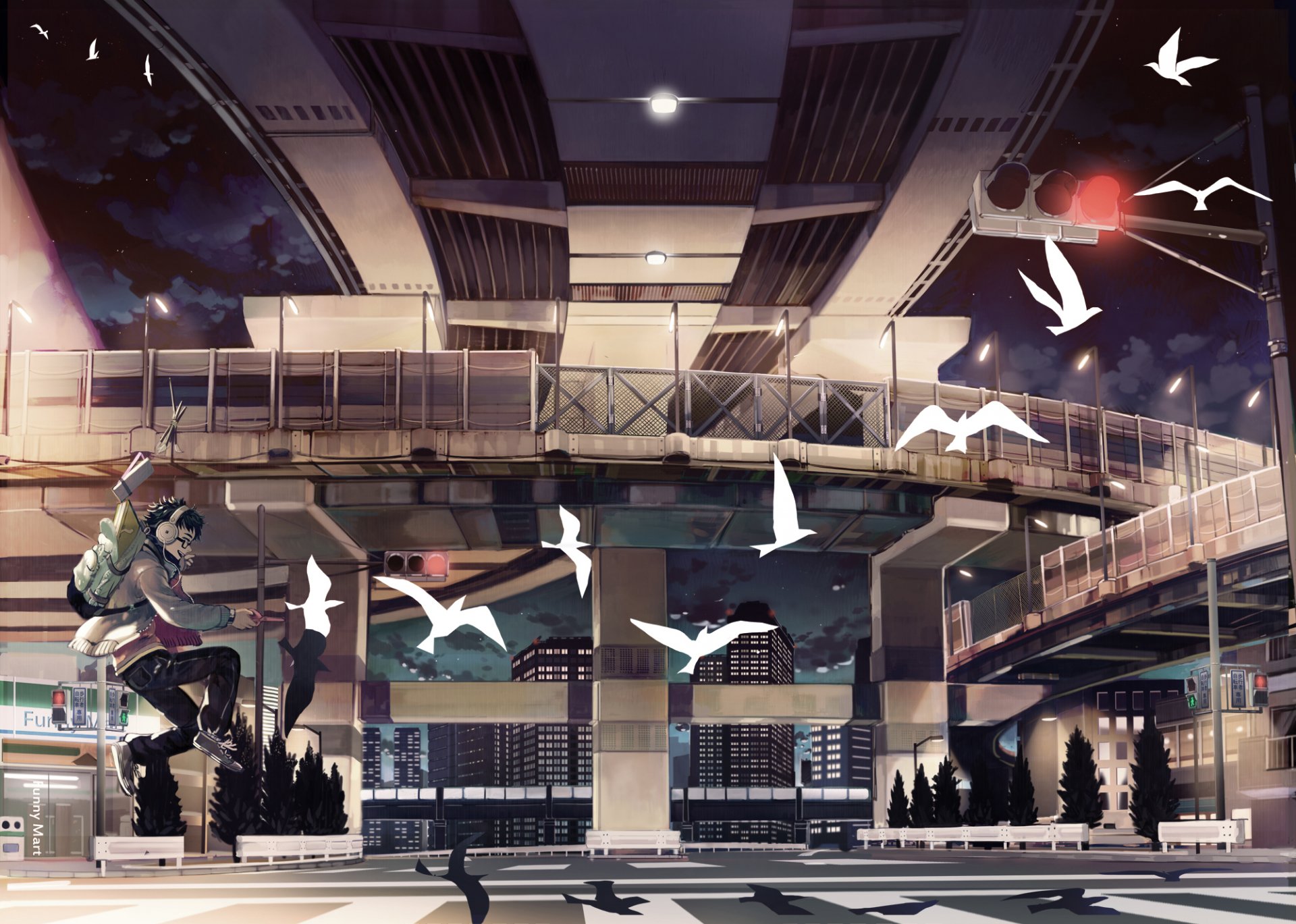 Anime-style night cityscape featuring a character with headphones under an overpass, surrounded by flying birds, creating a dynamic HD desktop wallpaper background.