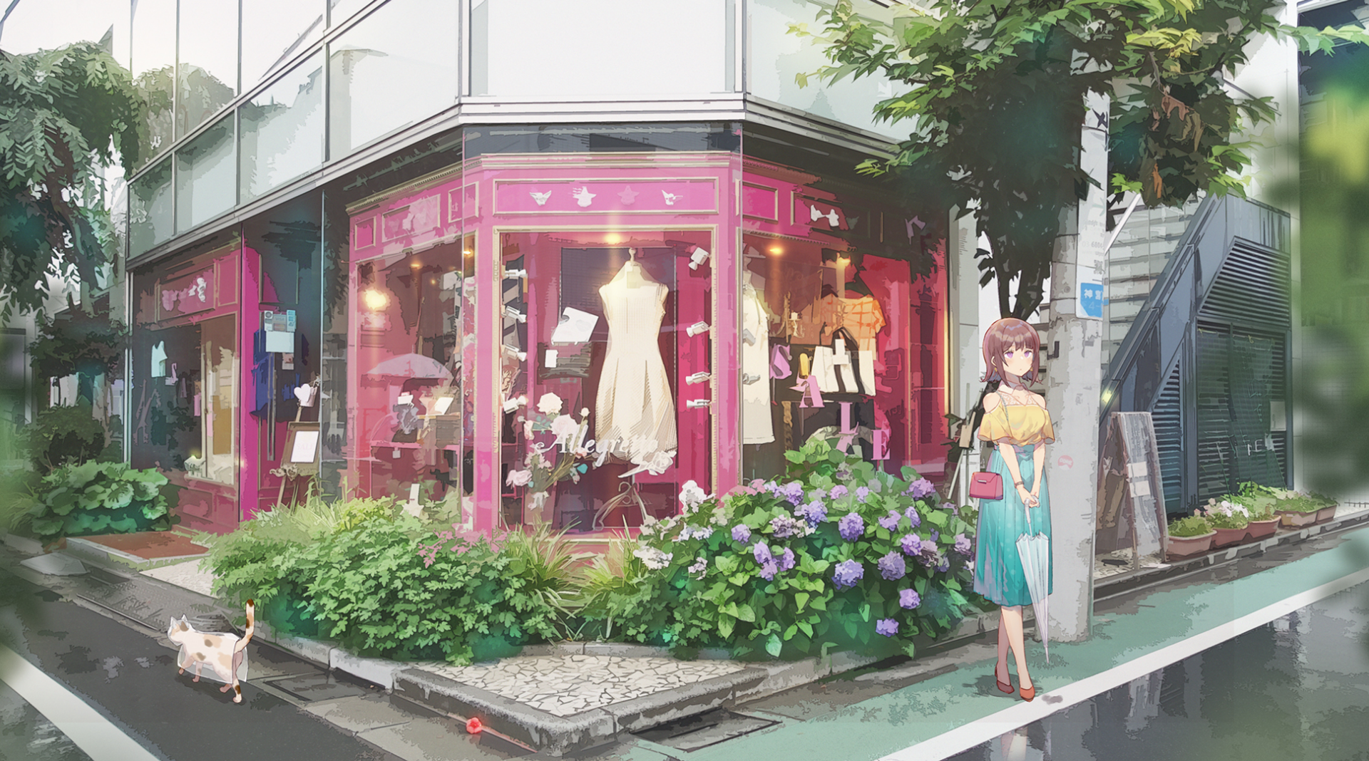 Anime original HD PC desktop wallpaper and background: street-corner boutique with pink dress displays, lush hydrangeas, a girl in a teal dress and a small cat.
