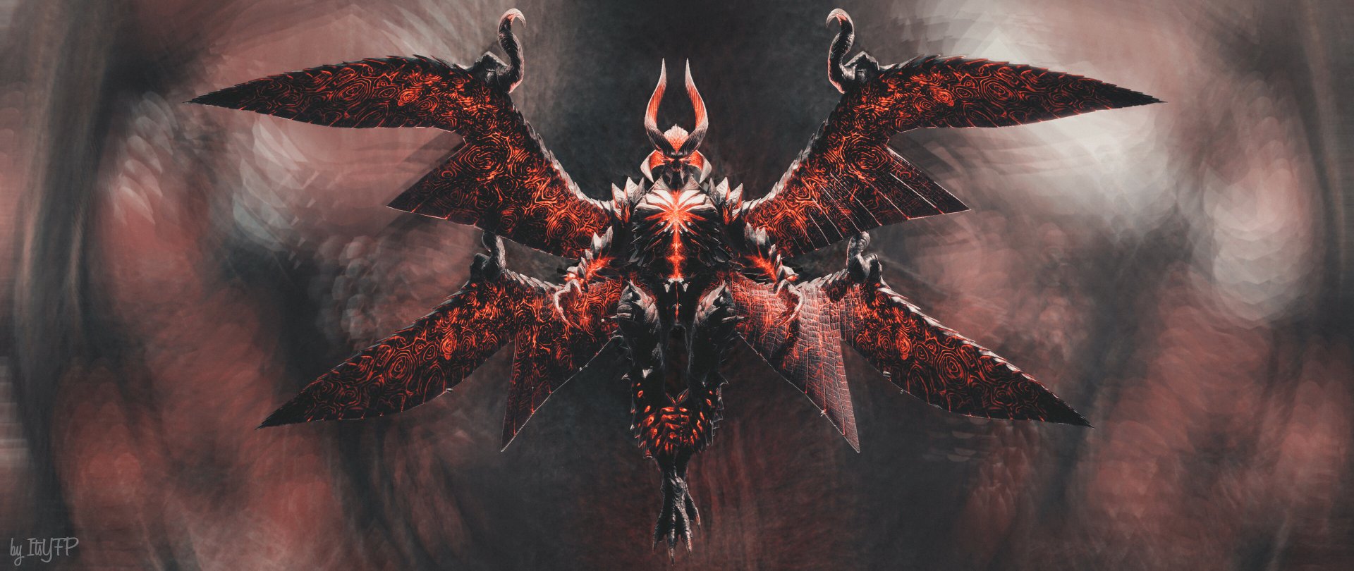 HD PC desktop wallpaper featuring a demonic, winged character from the video game Devil May Cry 5, with dark and fiery red tones.