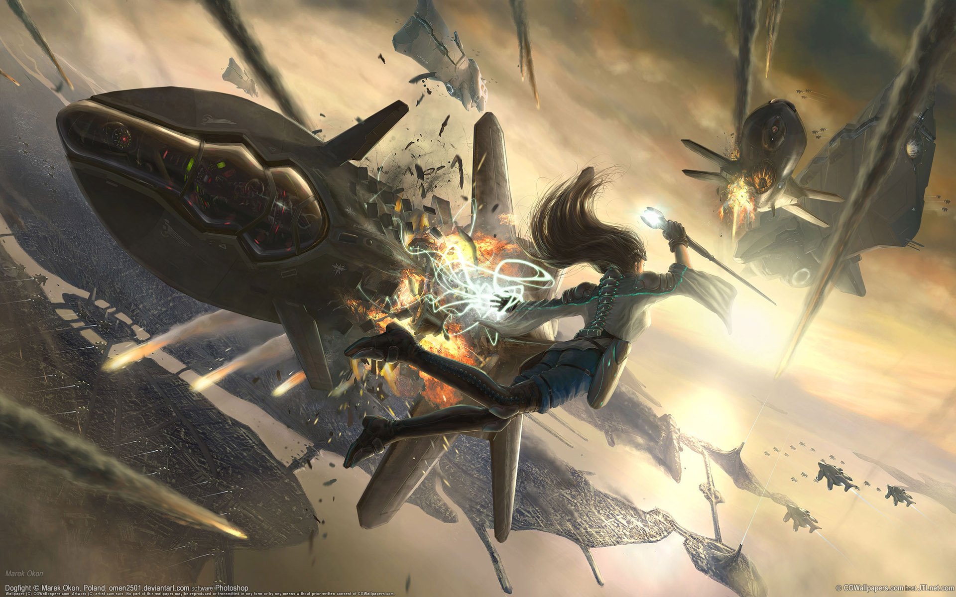 A dynamic HD fantasy battle scene featuring a character wielding magic amidst an explosion and futuristic aircraft, set against a dramatic sky.