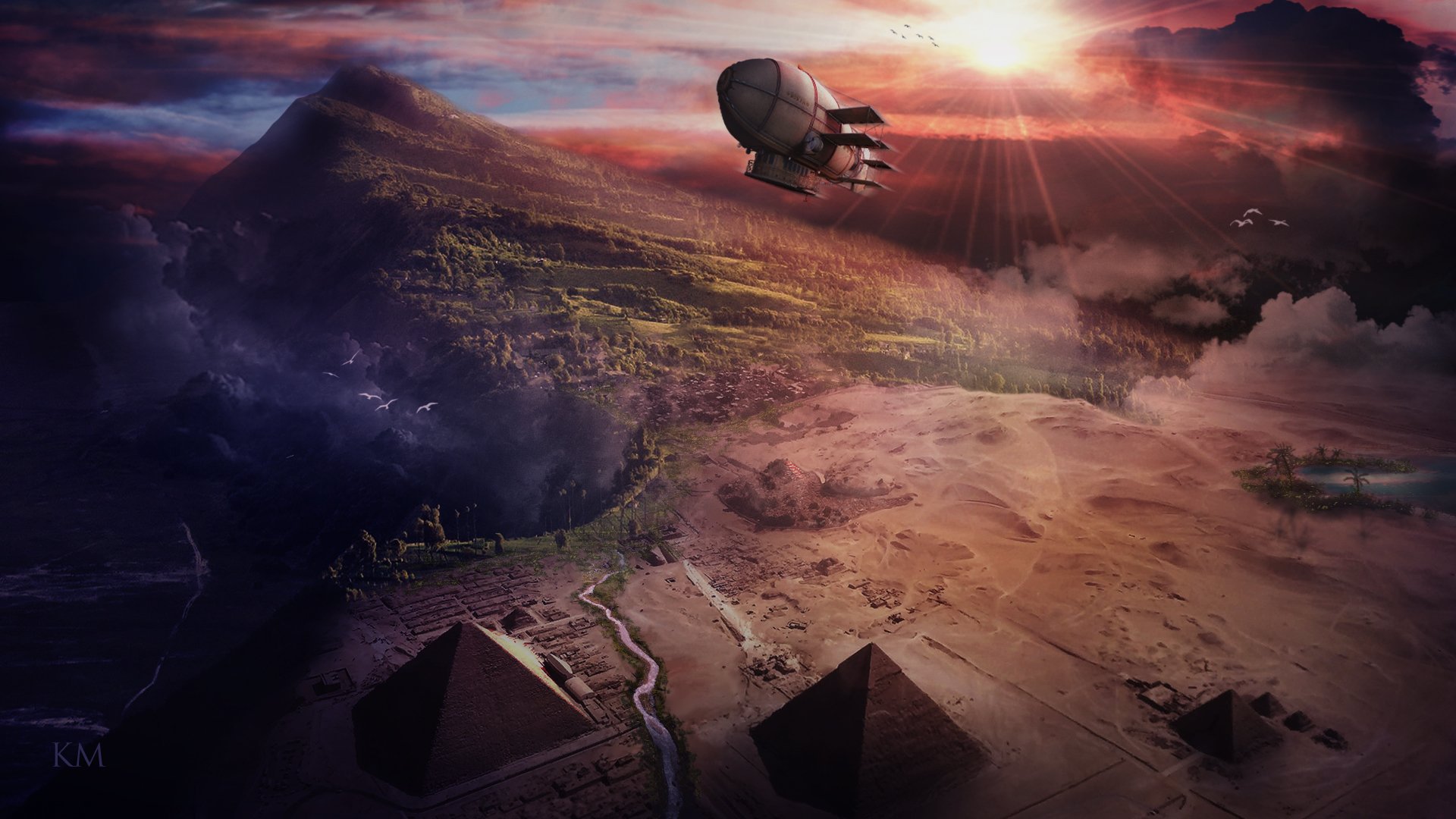 A sci-fi landscape HD PC desktop wallpaper featuring pyramids beneath a dramatic sky with a futuristic spacecraft flying over rugged terrain at sunset.