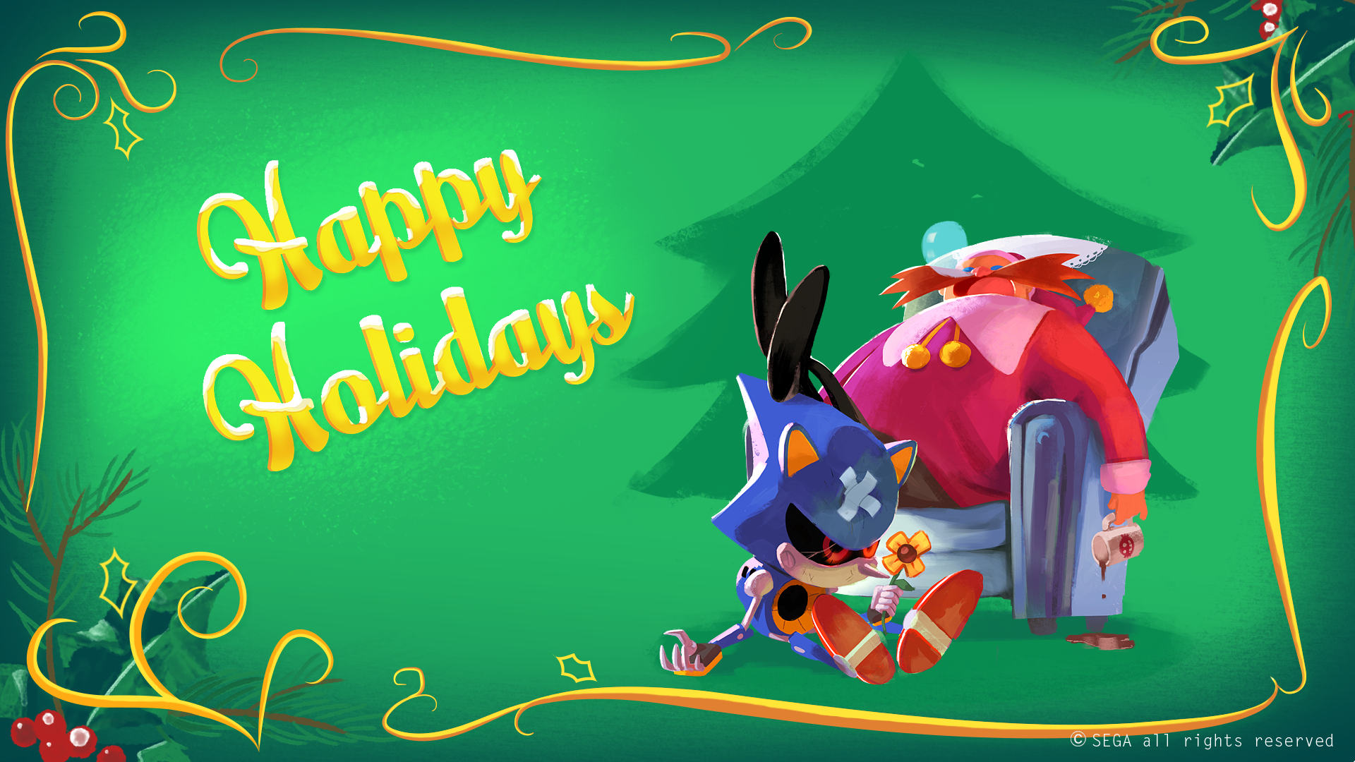 HD desktop wallpaper from Sonic Mania Adventures featuring a sleeping Doctor Robotnik and Metal Sonic with Happy Holidays text and festive decorations.