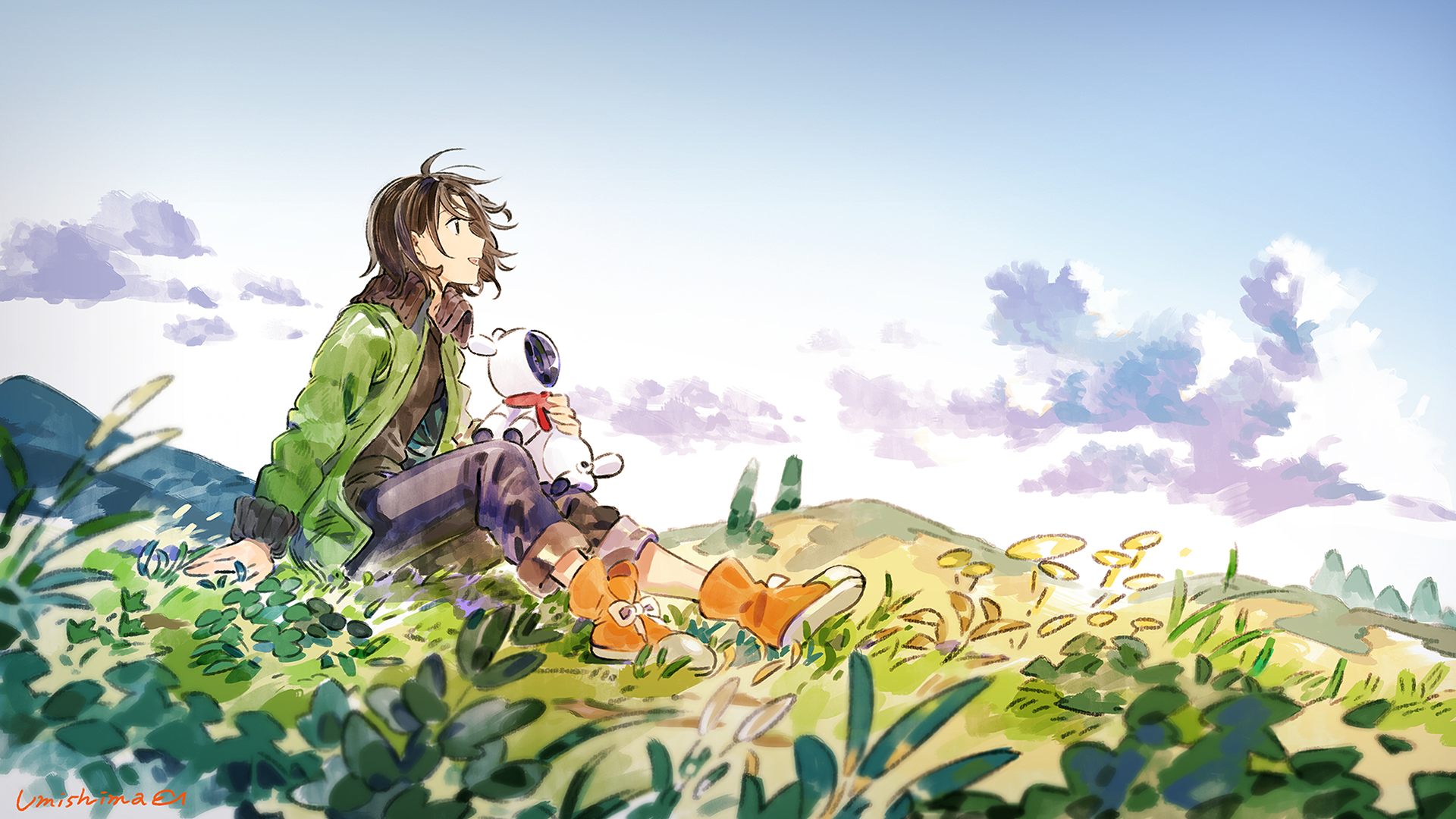 Anime-style original HD desktop wallpaper featuring a girl in a green jacket sitting on a grassy hill with a small robot, under a bright blue sky with scattered clouds.