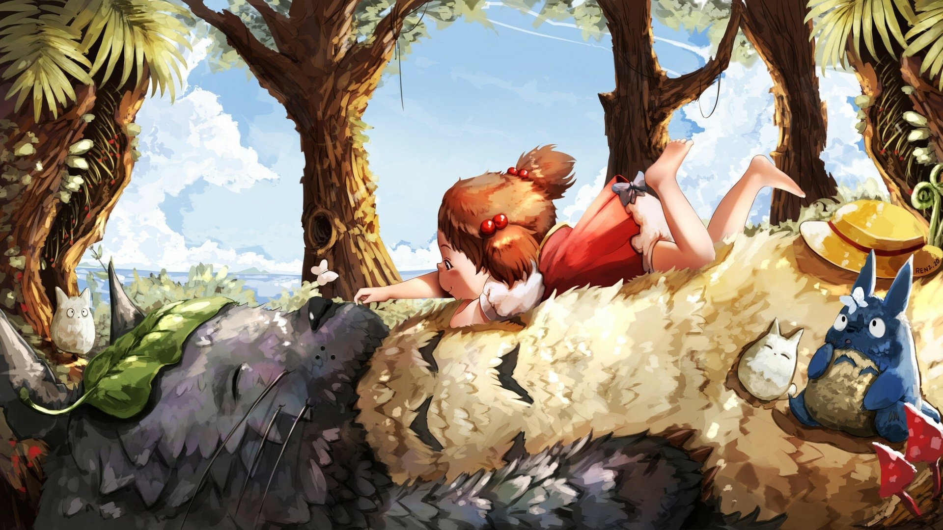 HD PC desktop wallpaper featuring Totoro and a young girl from the anime My Neighbor Totoro, set in a whimsical forest scene with vibrant colors and detailed textures.