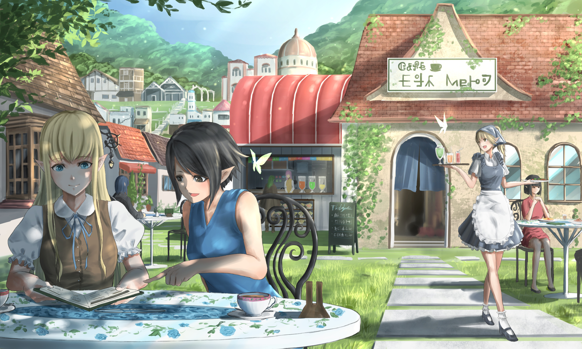Anime HD PC desktop wallpaper featuring friends enjoying a peaceful outdoor cafe scene in a charming village setting.