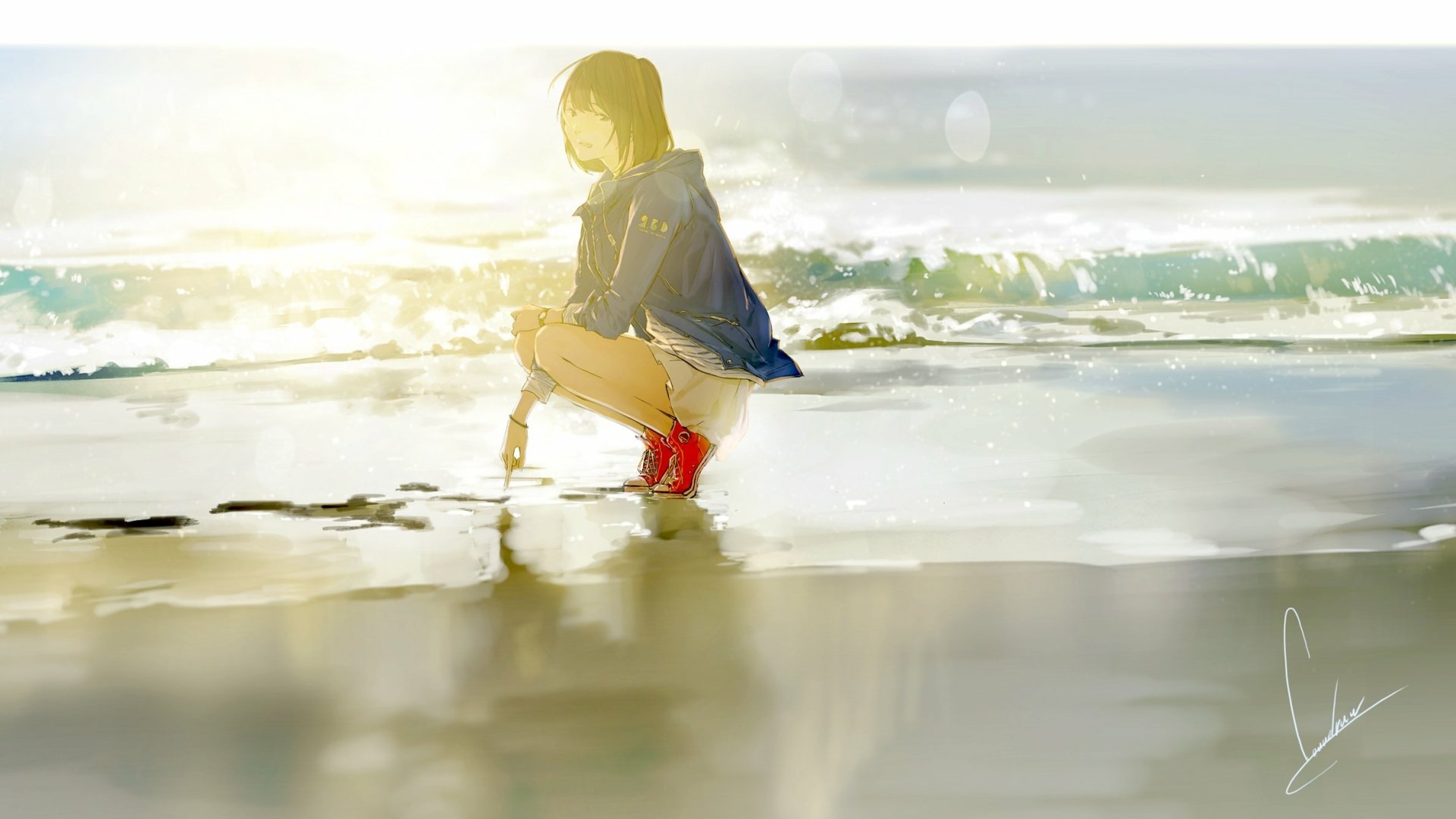 Anime scene: a lone figure in a hoodie crouches at the shoreline, sunlight glinting on waves and wet sand — HD PC desktop wallpaper/background.