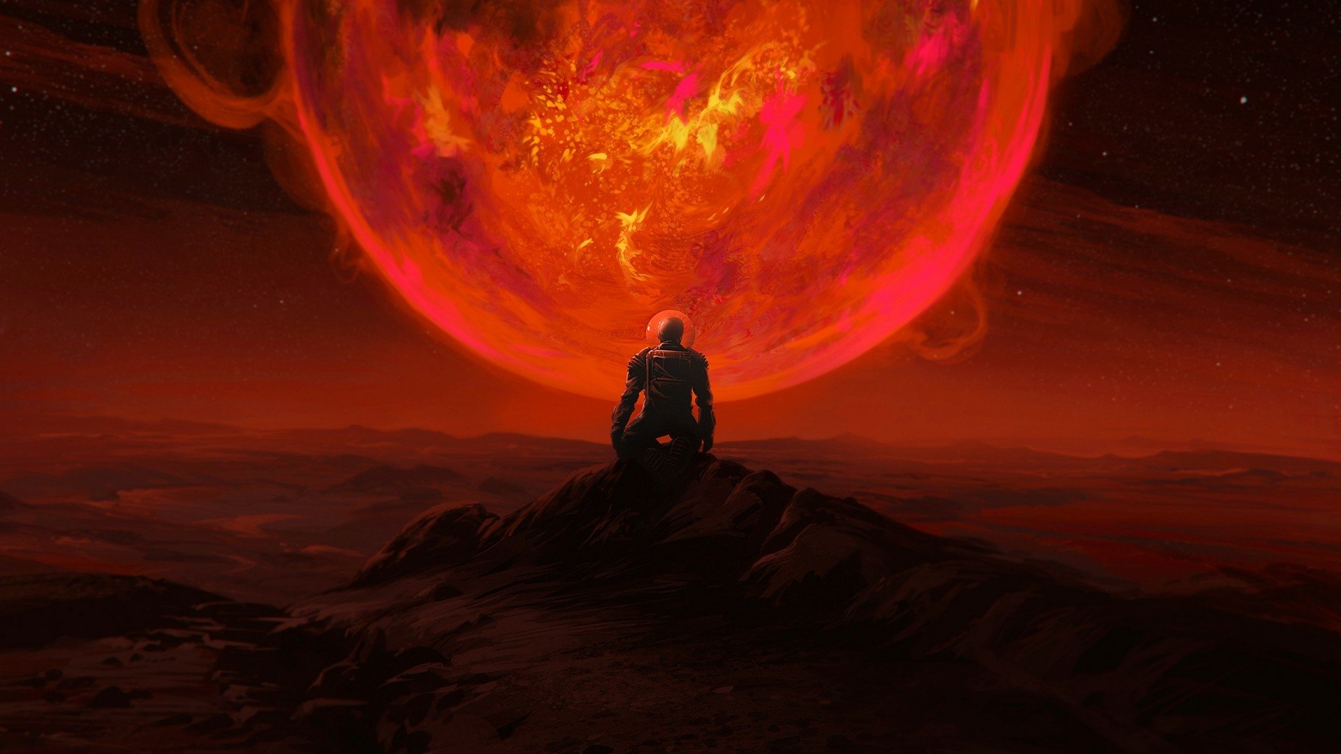 HD sci-fi desktop wallpaper showing an astronaut gazing at a massive, glowing red planet in a dark, otherworldly landscape.