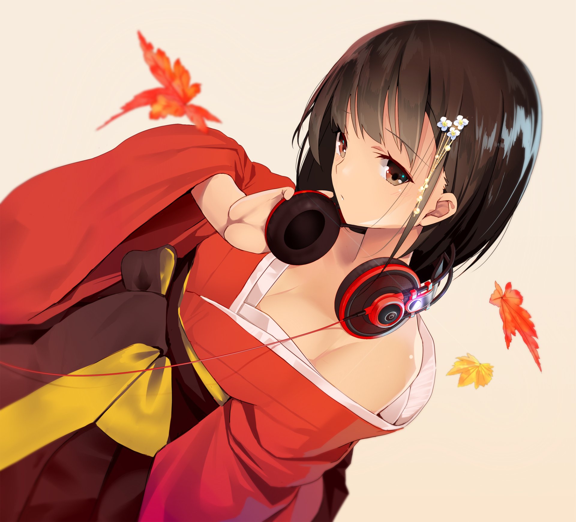 HD anime desktop wallpaper featuring a girl with dark hair wearing red headphones and a traditional outfit, surrounded by autumn leaves.