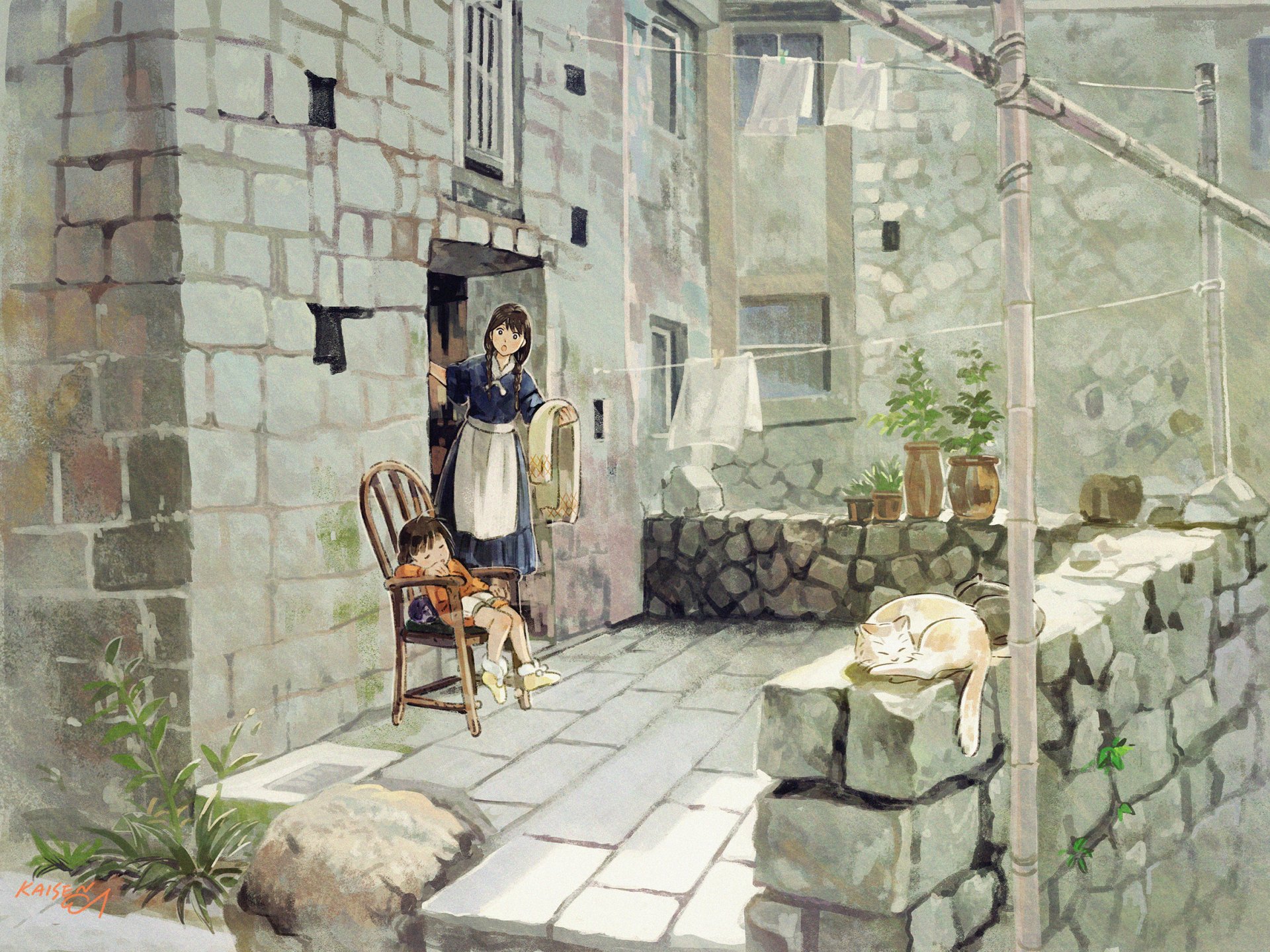 HD anime desktop wallpaper featuring an anime girl in a maid outfit standing on a stone patio with two dogs, set against a rustic stone building background.